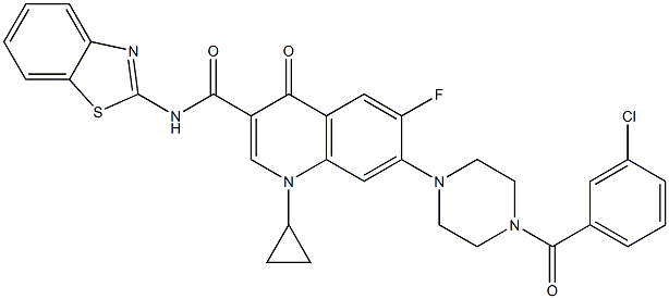 N-(1,3-benzothiazol-2-yl)-7-[4-(3-chlorobenzoyl)-1-piperazinyl]-1-cyclopropyl-6-fluoro-4-oxo-1,4-dihydro-3-quinolinecarboxamide Struktur