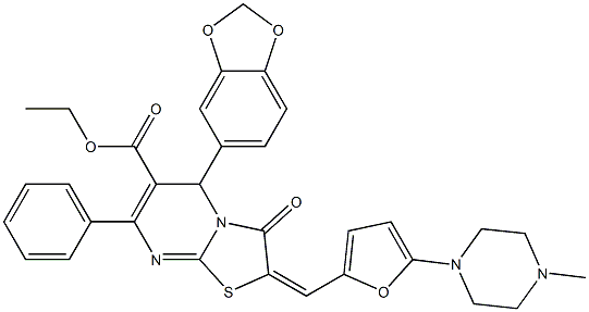 ethyl 5-(1,3-benzodioxol-5-yl)-2-{[5-(4-methyl-1-piperazinyl)-2-furyl]methylene}-3-oxo-7-phenyl-2,3-dihydro-5H-[1,3]thiazolo[3,2-a]pyrimidine-6-carboxylate Struktur