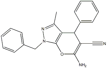 6-amino-1-benzyl-3-methyl-4-phenyl-1,4-dihydropyrano[2,3-c]pyrazole-5-carbonitrile Struktur