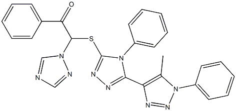 2-{[5-(5-methyl-1-phenyl-1H-1,2,3-triazol-4-yl)-4-phenyl-4H-1,2,4-triazol-3-yl]sulfanyl}-1-phenyl-2-(1H-1,2,4-triazol-1-yl)ethanone Struktur