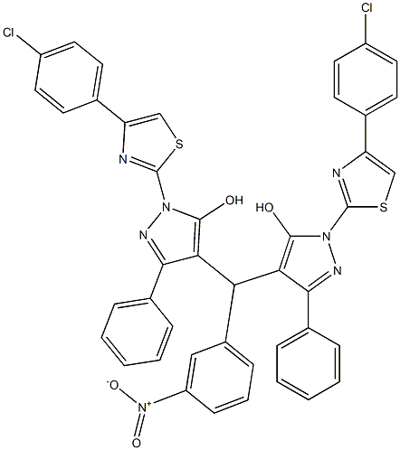 1-[4-(4-chlorophenyl)-1,3-thiazol-2-yl]-4-[{1-[4-(4-chlorophenyl)-1,3-thiazol-2-yl]-5-hydroxy-3-phenyl-1H-pyrazol-4-yl}(3-nitrophenyl)methyl]-3-phenyl-1H-pyrazol-5-ol Struktur