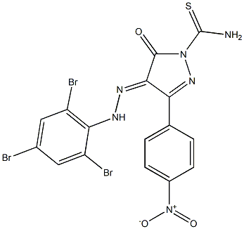 3-(4-nitrophenyl)-5-oxo-4-[(E)-2-(2,4,6-tribromophenyl)hydrazono]-4,5-dihydro-1H-pyrazole-1-carbothioamide Struktur