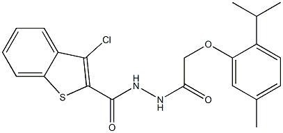 3-chloro-N'-[2-(2-isopropyl-5-methylphenoxy)acetyl]-1-benzothiophene-2-carbohydrazide Struktur