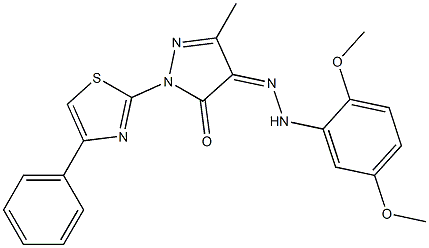 3-methyl-1-(4-phenyl-1,3-thiazol-2-yl)-1H-pyrazole-4,5-dione 4-[N-(2,5-dimethoxyphenyl)hydrazone] Struktur