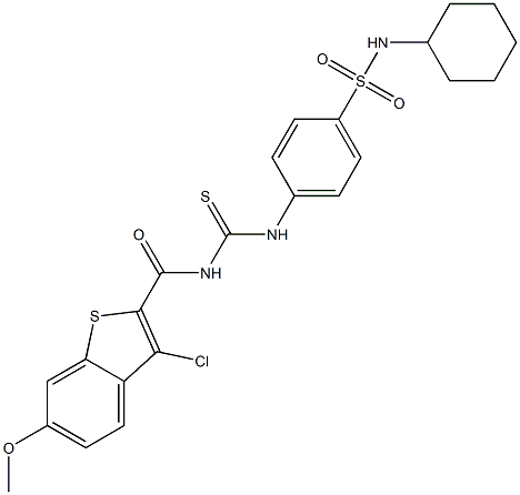 4-[({[(3-chloro-6-methoxy-1-benzothiophen-2-yl)carbonyl]amino}carbothioyl)amino]-N-cyclohexylbenzenesulfonamide Struktur