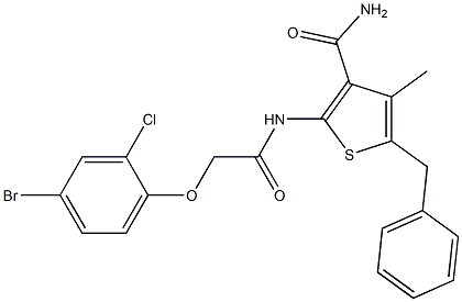 5-benzyl-2-{[2-(4-bromo-2-chlorophenoxy)acetyl]amino}-4-methyl-3-thiophenecarboxamide Struktur