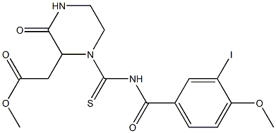 methyl 2-(1-{[(3-iodo-4-methoxybenzoyl)amino]carbothioyl}-3-oxo-2-piperazinyl)acetate Struktur