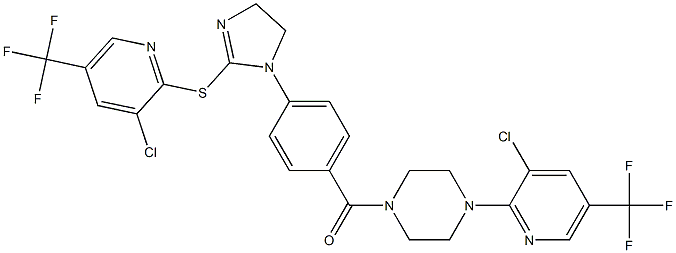 {4-[3-chloro-5-(trifluoromethyl)-2-pyridinyl]piperazino}[4-(2-{[3-chloro-5-(trifluoromethyl)-2-pyridinyl]sulfanyl}-4,5-dihydro-1H-imidazol-1-yl)phenyl]methanone Struktur