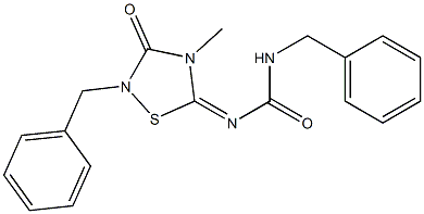 2-Benzyl-4-methyl-5-[(benzylcarbamoyl)imino]-1,2,4-thiadiazolidin-3-one Structure