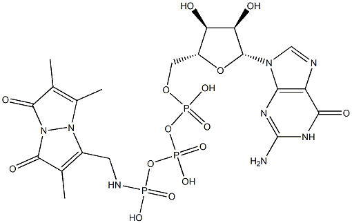 Guanosine 5'-[diphosphoric acid P2-[[(1,7-dioxo-2,5,6-trimethyl-1H,7H-pyrazolo[1,2-a]pyrazol-3-yl)methyl]amino]phosphonyl] ester Struktur