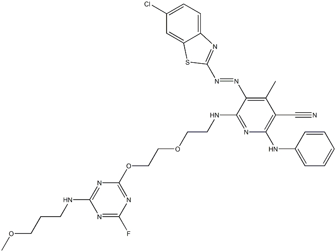 2-[6-Anilino-5-cyano-2-[2-[2-[4-fluoro-6-(3-methoxypropylamino)-1,3,5-triazin-2-yloxy]ethoxy]ethylamino]-4-methyl-3-pyridylazo]-6-chlorobenzothiazole Struktur