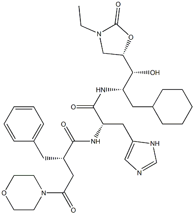 (2S)-N-[(1S,2R)-1-Cyclohexylmethyl-2-[(5S)-3-ethyl-2-oxo-5-oxazolidinyl]-2-hydroxyethyl]-3-(1H-imidazol-5-yl)-2-[[(2S)-2-[morpholinocarbonylmethyl]-3-phenylpropanoyl]amino]propionamide Struktur