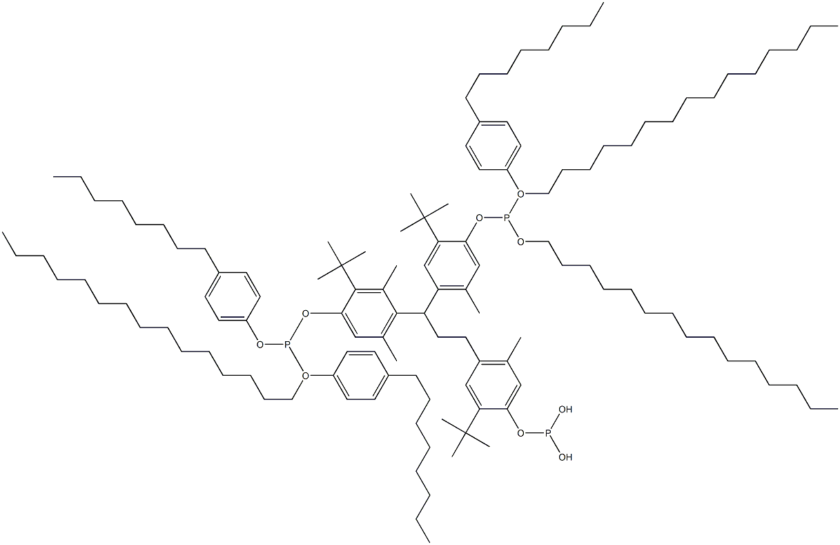 [3-Methyl-1,1,3-propanetriyltris(2-tert-butyl-5-methyl-4,1-phenyleneoxy)]tris(phosphonous acid)O,O',O''-tripentadecyl O,O',O''-tris(4-octylphenyl) ester Struktur