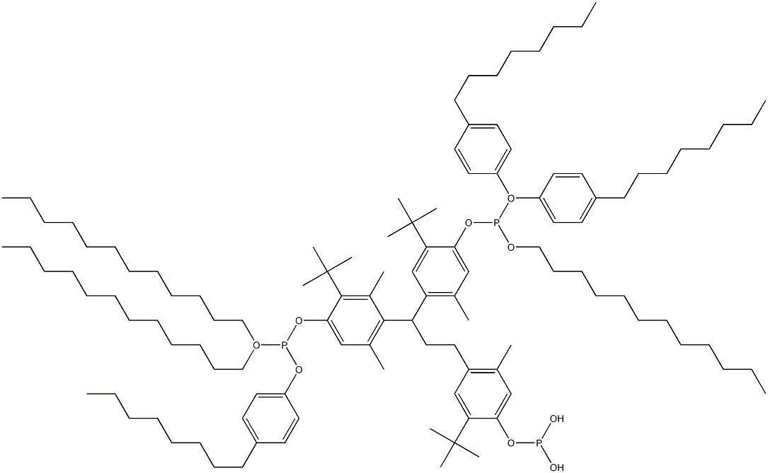 [3-Methyl-1,1,3-propanetriyltris(2-tert-butyl-5-methyl-4,1-phenyleneoxy)]tris(phosphonous acid)O,O',O'-tridodecyl O,O'',O''-tris(4-octylphenyl) ester Struktur