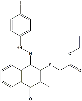 [[[1,4-Dihydro-1-[[[4-iodophenyl]amino]imino]-3-methyl-4-oxonaphthalen]-2-yl]thio]acetic acid ethyl ester Struktur