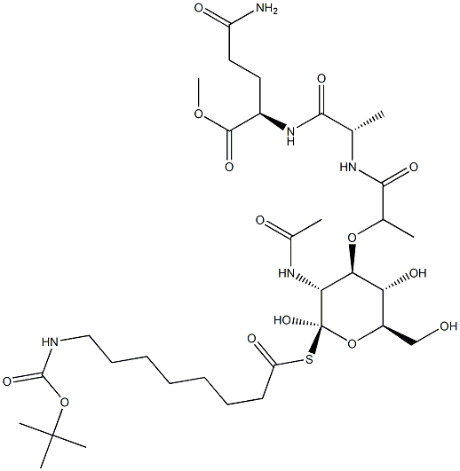 N2-[N-[N-Acetyl-1-[[8-[[(tert-butoxy)carbonyl]amino]octanoyl]thio]muramoyl]-L-alanyl]-D-glutamine methyl ester Struktur