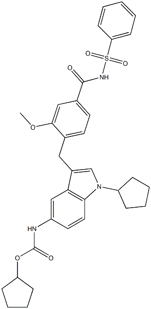 4-[5-(Cyclopentyloxycarbonylamino)-1-cyclopentyl-1H-indol-3-ylmethyl]-3-methoxy-N-(phenylsulfonyl)benzamide Struktur