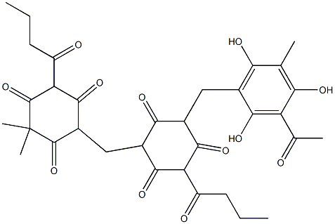 2-[(2,4,6-Trihydroxy-3-acetyl-5-methylphenyl)methyl]-4-(1-oxobutyl)-6-[2,4,6-trioxo-3-(1-oxobutyl)-5,5-dimethylcyclohexylmethyl]cyclohexane-1,3,5-trione Struktur