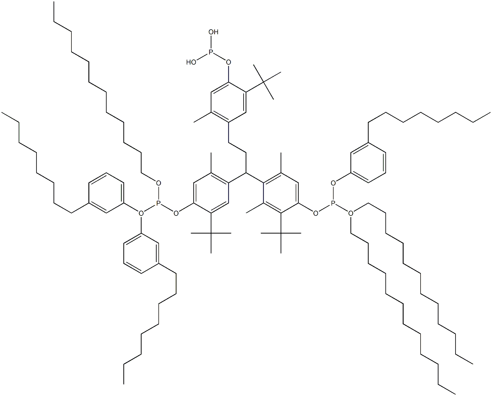 [3-Methyl-1,1,3-propanetriyltris(2-tert-butyl-5-methyl-4,1-phenyleneoxy)]tris(phosphonous acid)O,O',O'-tridodecyl O,O'',O''-tris(3-octylphenyl) ester Struktur