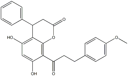 3,4-Dihydro-5,7-dihydroxy-4-phenyl-8-[3-(4-methoxyphenyl)-1-oxopropyl]-2H-1-benzopyran-2-one Struktur