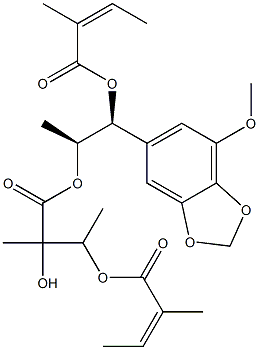 (1S,2S)-1-(4-Methoxy-1,3-benzodioxol-6-yl)propane-1,2-diol 1-[(Z)-2-methyl-2-butenoate] 2-[2-methyl-2-hydroxy-3-[(2-methylisocrotonoyl)oxy]butyrate] Struktur