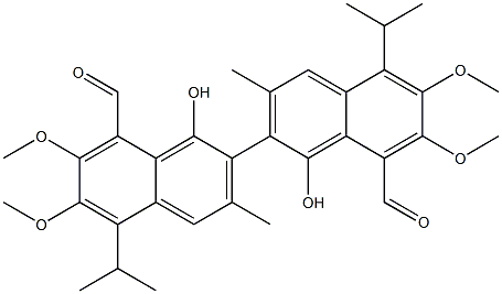 1,1'-Dihydroxy-6,6',7,7'-tetramethoxy-5,5'-diisopropyl-3,3'-dimethyl-2,2'-binaphthalene-8,8'-dicarbaldehyde Struktur