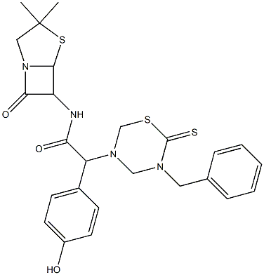 7-Oxo-3,3-dimethyl-6-[[[(tetrahydro-2-thioxo-3-benzyl-2H-1,3,5-thiadiazin)-5-yl](4-hydroxyphenyl)acetyl]amino]-4-thia-1-azabicyclo[3.2.0]heptane Struktur