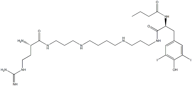 N-[3-[(S)-2-Butyrylamino-3-(4-hydroxy-3,5-diiodophenyl)propanoylamino]propyl]-N'-[3-[(S)-2-amino-4-guanidinobutyrylamino]propyl]butane-1,4-diamine Struktur