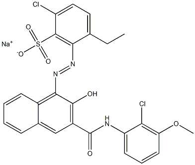 2-Chloro-5-ethyl-6-[[3-[[(2-chloro-3-methoxyphenyl)amino]carbonyl]-2-hydroxy-1-naphtyl]azo]benzenesulfonic acid sodium salt Struktur