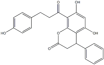 3,4-Dihydro-5,7-dihydroxy-4-phenyl-8-[3-(4-hydroxyphenyl)-1-oxopropyl]-2H-1-benzopyran-2-one Struktur