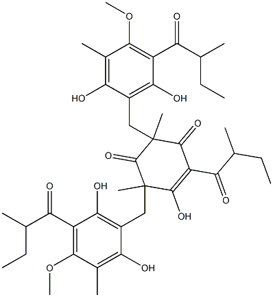 3,5-Bis[[2,6-dihydroxy-4-methoxy-3-methyl-5-(2-methylbutanoyl)phenyl]methyl]-2-hydroxy-3,5-dimethyl-1-(2-methylbutanoyl)-1-cyclohexene-4,6-dione Struktur