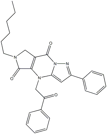 6,7-Dihydro-6-hexyl-4-(2-oxo-2-phenylethyl)-2-phenyl-4H-1,4,6,8a-tetraaza-s-indacene-5,8-dione Struktur