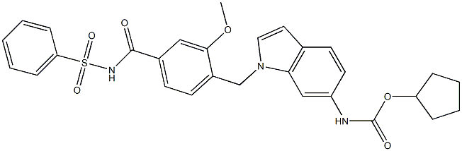 4-[6-(Cyclopentyloxycarbonylamino)-1H-indol-1-ylmethyl]-3-methoxy-N-phenylsulfonylbenzamide Struktur