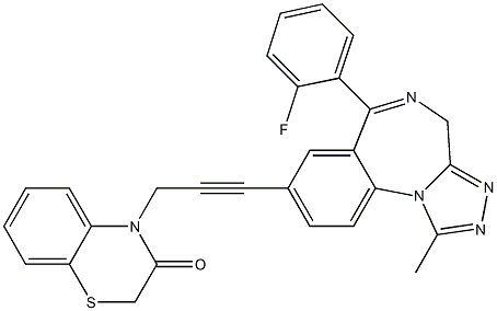 1-Methyl-6-(2-fluorophenyl)-8-[3-[(2,3-dihydro-3-oxo-4H-1,4-benzothiazin)-4-yl]-1-propynyl]-4H-[1,2,4]triazolo[4,3-a][1,4]benzodiazepine Struktur