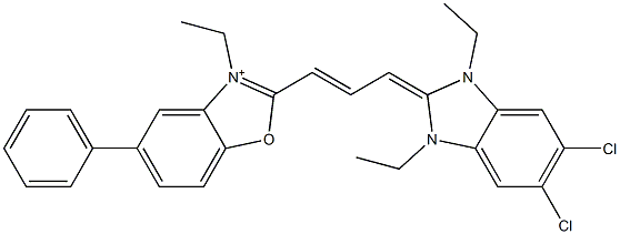 2-[3-[(5,6-Dichloro-1,3-diethyl-1,3-dihydro-2H-benzimidazol)-2-ylidene]-1-propenyl]-3-ethyl-5-phenylbenzoxazol-3-ium Struktur