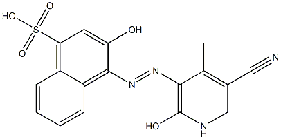 3-Hydroxy-4-[[(2-hydroxy-4-methyl-5-cyano-1,6-dihydropyridin)-3-yl]azo]naphthalene-1-sulfonic acid Struktur