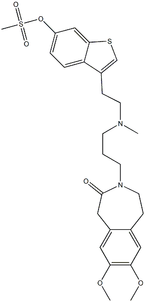 2,3-Dihydro-7,8-dimethoxy-3-[3-[N-[2-(6-methylsulfonyloxy-1-benzothiophen-3-yl)ethyl]-N-methylamino]propyl]-1H-3-benzazepin-4(5H)-one Struktur