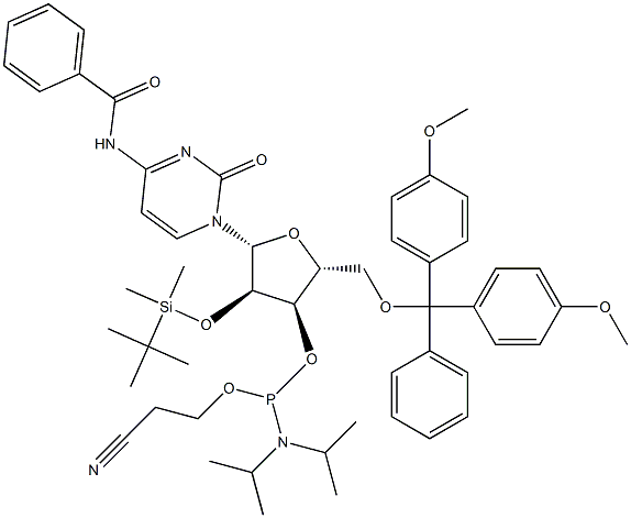 N-Benzoyl-2'-O-(tert-butyldimethylsilyl)-3'-O-[(diisopropylamino)(2-cyanoethoxy)phosphino]-5'-O-(4,4'-dimethoxytrityl)cytidine Struktur