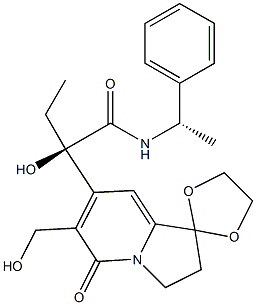 2,3-Dihydro-6-(hydroxymethyl)-7-[(1R)-1-[[(1S)-1-phenylethyl]aminocarbonyl]-1-hydroxypropyl]spiro[indolizine-1,2'-[1,3]dioxolan]-5(1H)-one Struktur