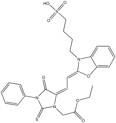 4-Oxo-3-phenyl-5-[2-[3-[4-(hydroxysulfonyl)butyl]benzoxazol-2(3H)-ylidene]ethylidene]-2-thioxo-1-imidazolidineacetic acid ethyl ester Struktur