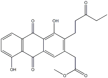 9,10-Dihydro-9,10-dioxo-1,5-dihydroxy-2-(3-oxopentyl)anthracene-3-acetic acid methyl ester Struktur