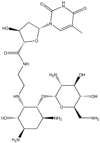 (2S,3S,5R)-N-(2-((1S,2R,3S,5R,6S)-3,5-DIAMINO-2-((2S,3R,4R,5S,6R)-3-AMINO-6-(AMINOMETHYL)-4,5-DIHYDROXYTETRAHYDRO-2H-PYRAN-2-YLOXY)-6-HYDROXYCYCLOHEXYLAMINO)ETHYL)-3-HYDROXY-5-(5-METHYL-2,4-DIOXO-3,4-DIHYDROPYRIMIDIN-1(2H)-YL)TETRAHYDROFURAN-2-CARBOXAMIDE Struktur