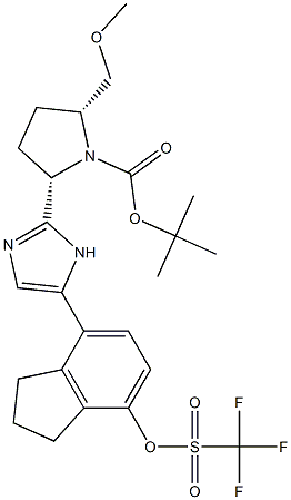 tert-butyl (2R,5S)-2-(methoxymethyl)-5-(5-(7-(((trifluoromethyl)sulfonyl)oxy)-2,3-dihydro-1H-inden-4-yl)-1H-imidazol-2-yl)pyrrolidine-1-carboxylate Struktur