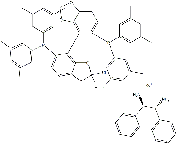 Dichloro{(R)-(+)-5,5'-bis[di(3,5-xylyl)phosphino]-4,4'-bi-1,3-benzodioxole}[(1R,2R)-(+)-1,2-diphenylethylenediamine]ruthenium(II) Struktur