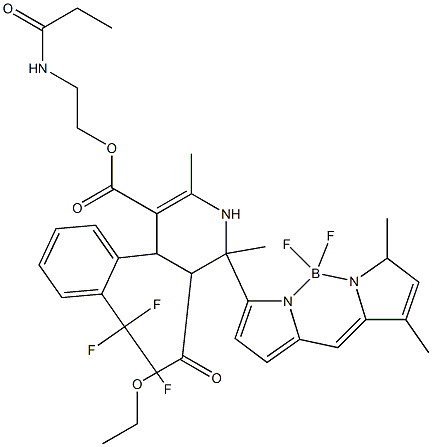 1,4-dihydro--2,6-dimethyl-4-(2-trifluoromethylphenyl)-3,5-pyridinedicarboxylic acid 2-(4,4-difluoro-5,7-dimethyl-4-bora-3a,4a-diaza-3-(s-indacene)propionylamino)ethylethyl ester Struktur