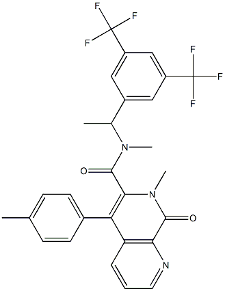 N-(1-(3,5-bis(trifluoromethyl)phenyl)ethyl)-7,8-dihydro-N,7-dimethyl-5-(4-methylphenyl)-8-oxo-1,7-naphthyridine-6-carboxamide Struktur