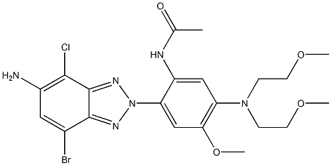 2-(2-(acetylamino)-4-(bis(2-methoxyethyl)amino)-5-methoxyphenyl)-5-amino-7-bromo-4-chloro-2H-benzotriazole Struktur