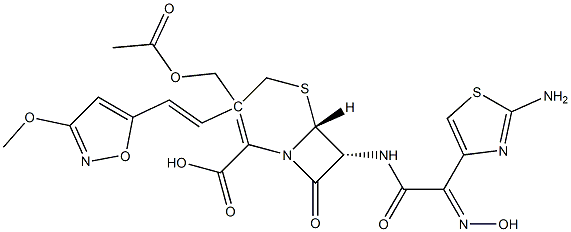 7-((2-aminothiazol-4-yl)-2-(N-hydroxyimino)acetamido)-3-((3-methoxyisoxazol-5-yl)ethenyl)cephalosporanic acid Struktur