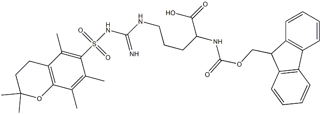 2-{[(9H-fluoren-9-ylmethoxy)carbonyl]amino}-5-[(imino{[(2,2,5,7,8-pentamethyl-3,4-dihydro-2H-chromen-6-yl)sulfonyl]amino}methyl)amino]pentanoic acid Struktur