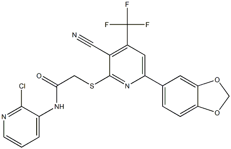 2-{[6-(1,3-benzodioxol-5-yl)-3-cyano-4-(trifluoromethyl)-2-pyridinyl]sulfanyl}-N-(2-chloro-3-pyridinyl)acetamide Struktur